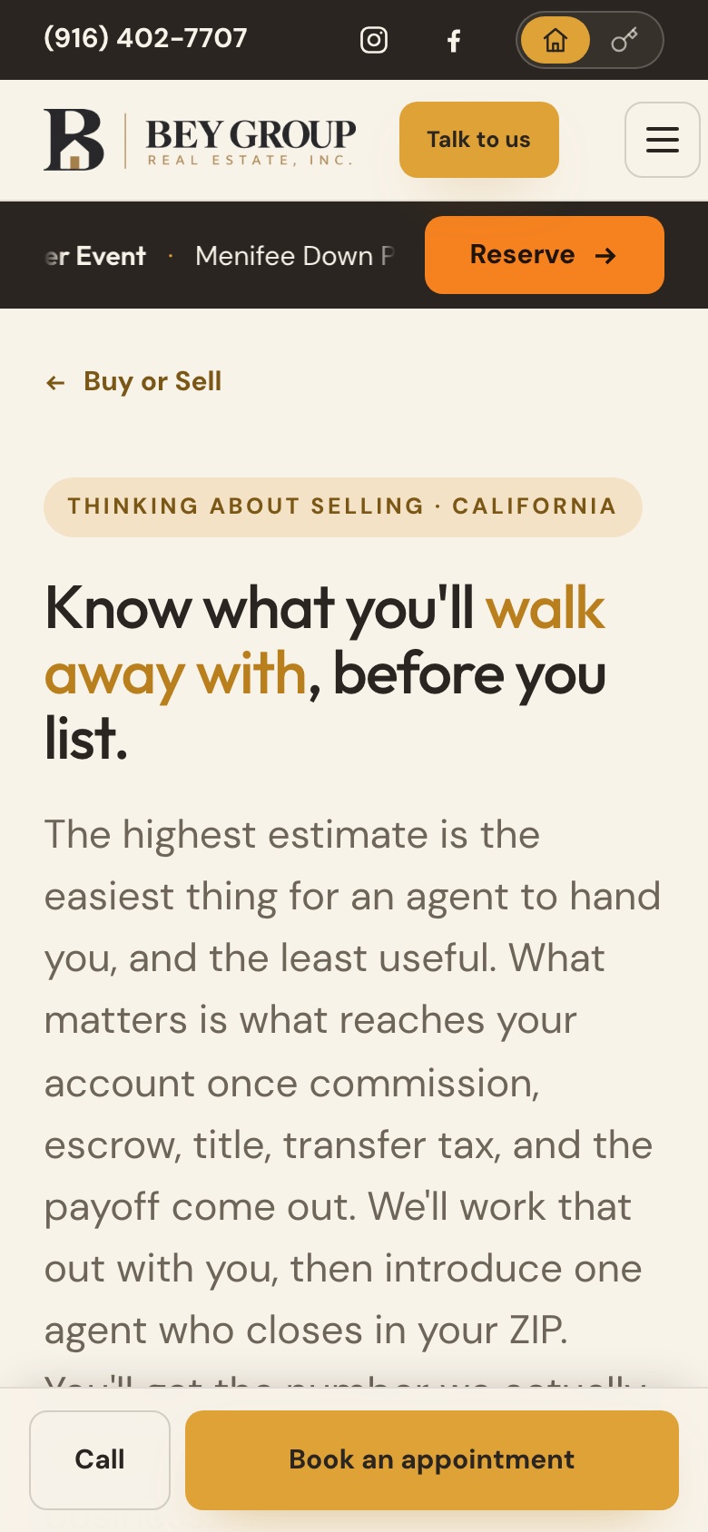 Bey Group Real Estate, Inc. selling page with net-proceeds calculator